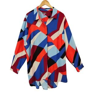 Vince Camuto 2X Button Down Tunic Top Blouse Geometric Print Artsy Office Flowy‎